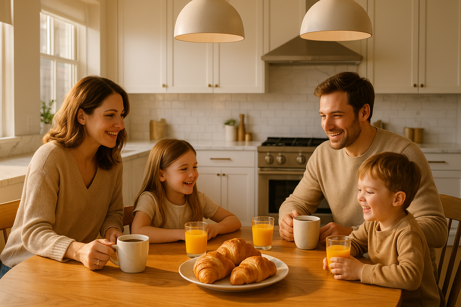 Familie beim gemeinsamen Frühstück in frisch sanierter Küche