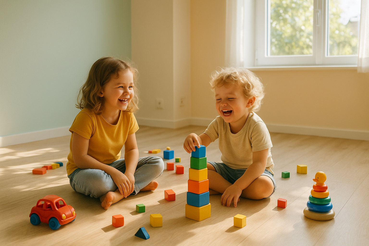 Glückliche Kinder im frisch sanierten Kinderzimmer