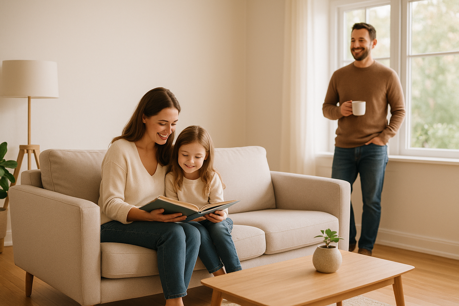 Familie im frisch sanierten Wohnzimmer — glücklich und entspannt
